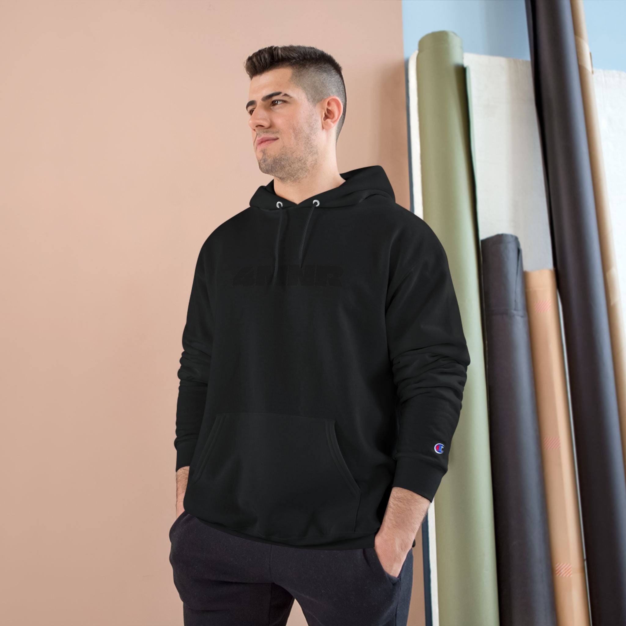 Black Embossed 'Champion' Hoodie - Minimal Streetwear Pullover