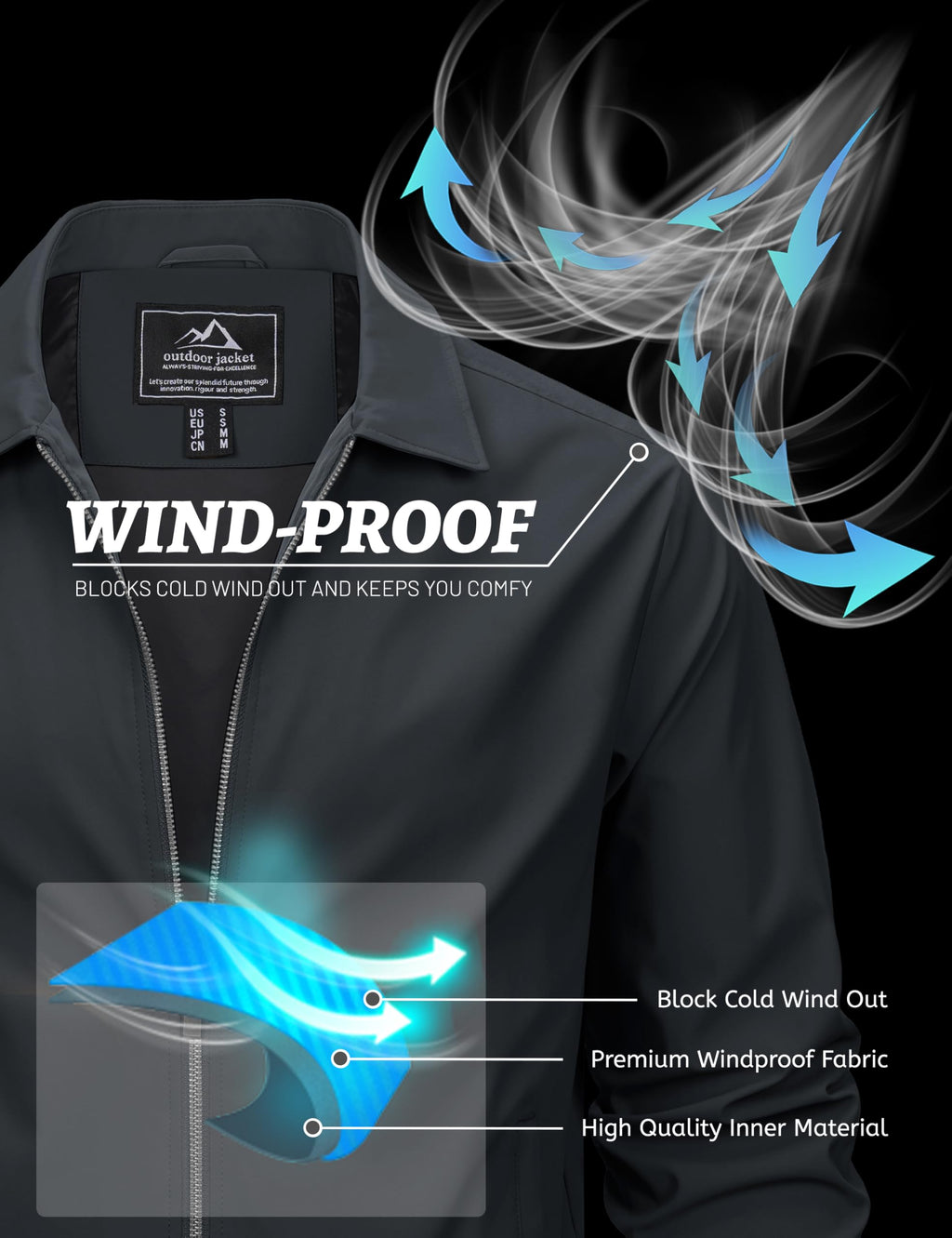 MAGCOMSEN Black Jacket Lightweight Windbreaker Spring Fall Jackets Zip Up Light Coat Business Casual Jacket with Pockets,S