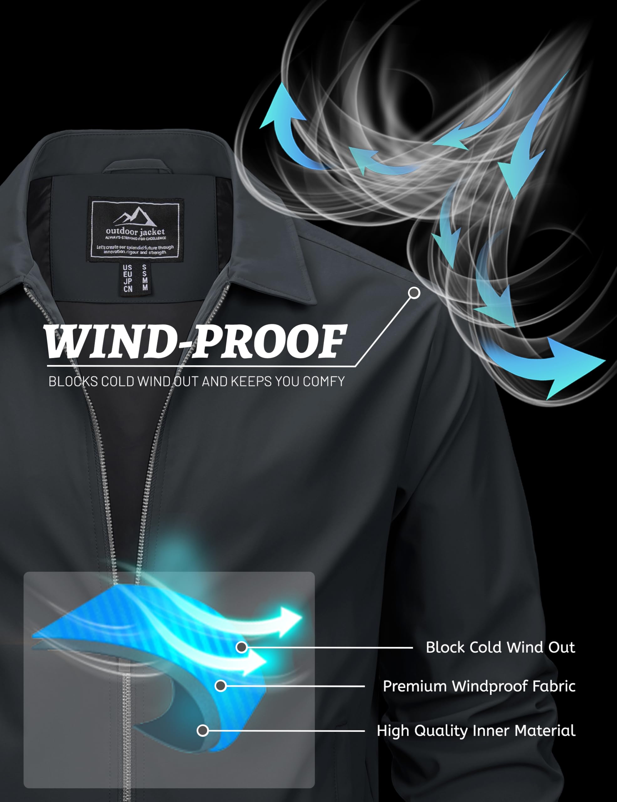 MAGCOMSEN Black Jacket Lightweight Windbreaker Spring Fall Jackets Zip Up Light Coat Business Casual Jacket with Pockets,S