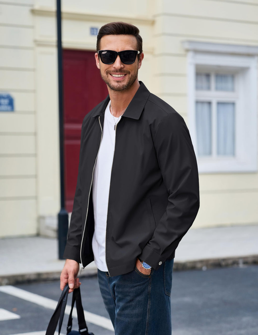 MAGCOMSEN Black Jacket Lightweight Windbreaker Spring Fall Jackets Zip Up Light Coat Business Casual Jacket with Pockets,S