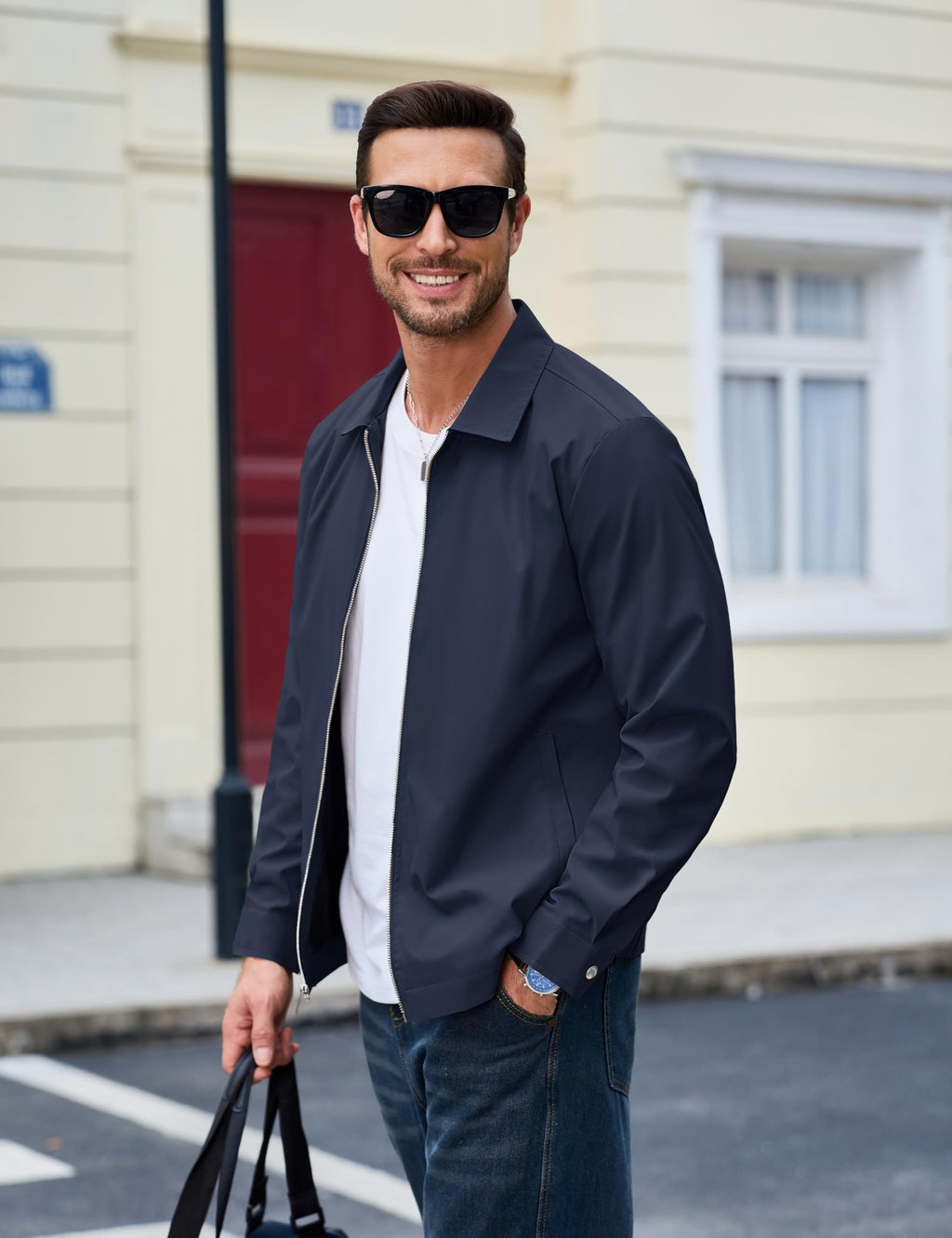 MAGCOMSEN Black Jacket Lightweight Windbreaker Spring Fall Jackets Zip Up Light Coat Business Casual Jacket with Pockets,S