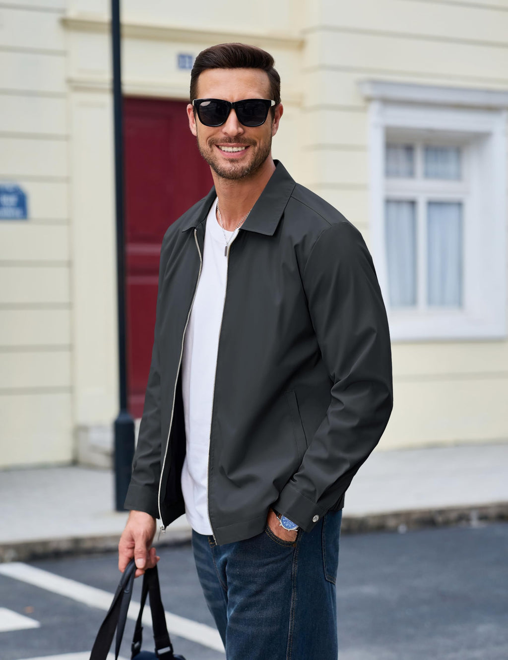 MAGCOMSEN Black Jacket Lightweight Windbreaker Spring Fall Jackets Zip Up Light Coat Business Casual Jacket with Pockets,S