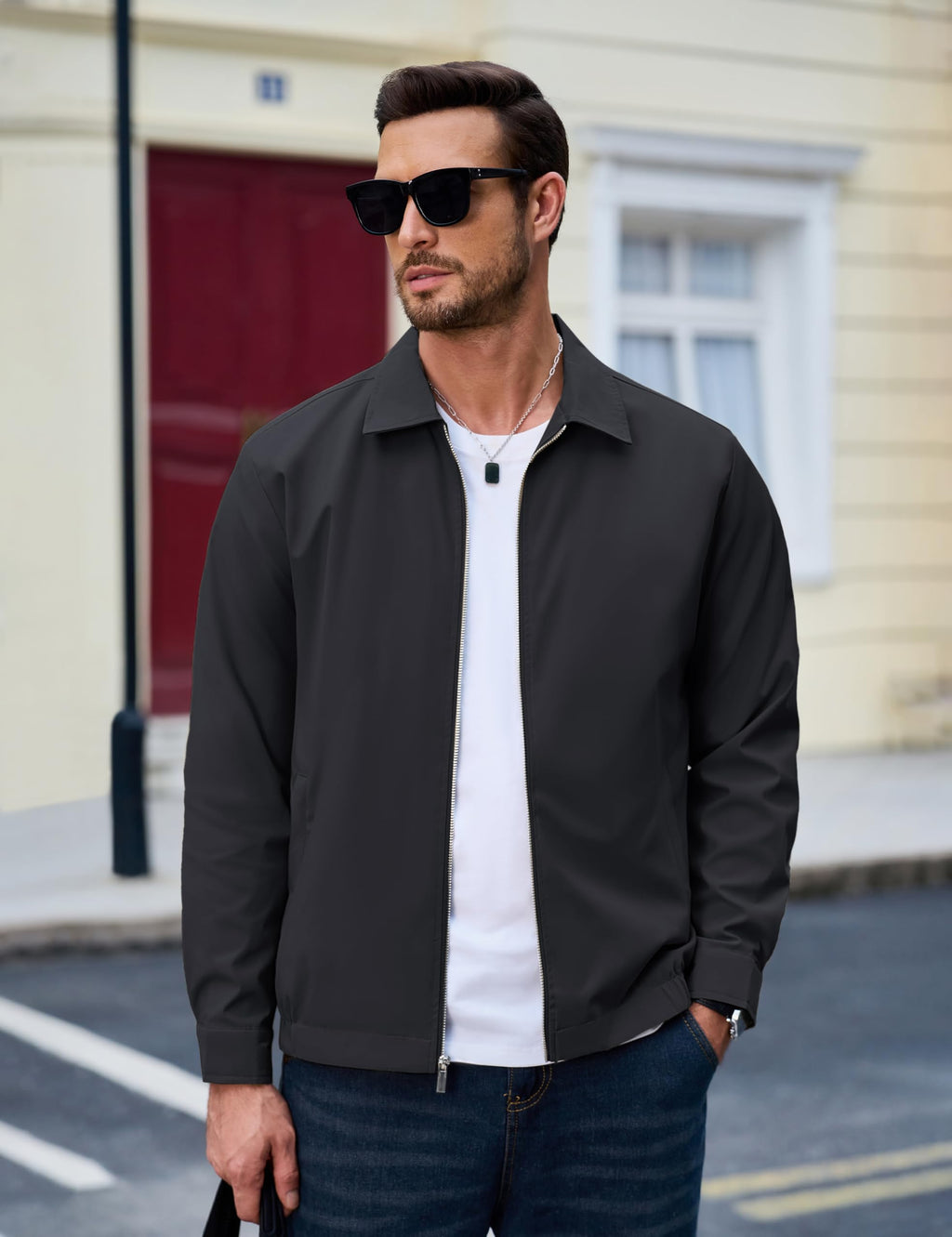 MAGCOMSEN Black Jacket Lightweight Windbreaker Spring Fall Jackets Zip Up Light Coat Business Casual Jacket with Pockets,S